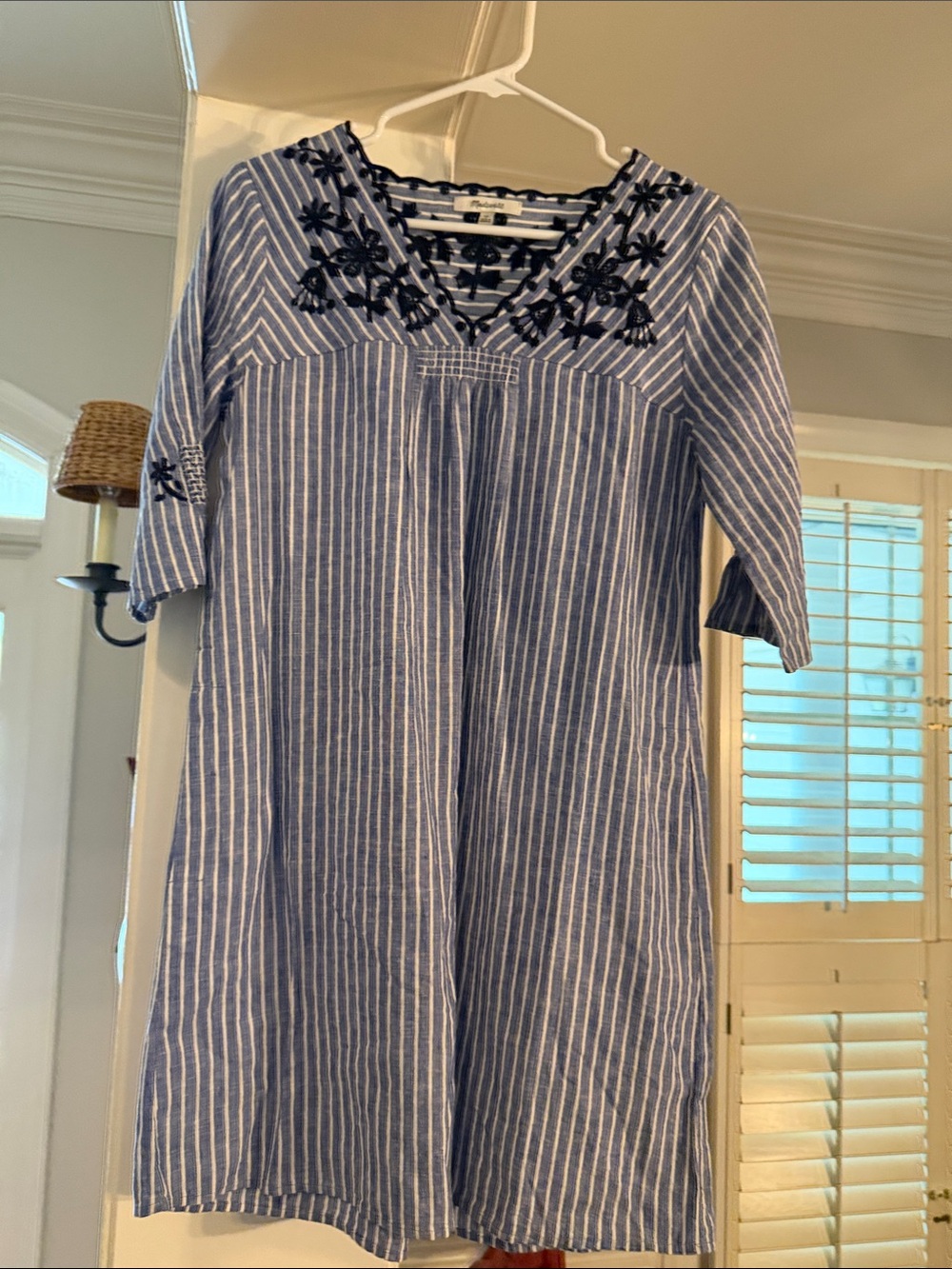 Madewell Blue and White Striped Midi Dress with Navy Embroidery